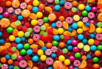 Fototapeta premium whimsical candy sweets composition playful arrangement, colorful, bright, delicious, treats, confectionery, sugar, dessert, lollipops, gumdrops