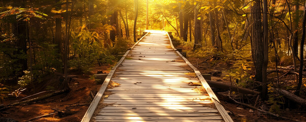 Sunlit Wooden Pathway Leading Through a Natural Forest