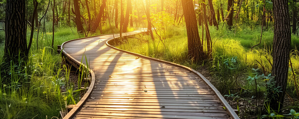 Wooden Boardwalk Bathed in Golden Light in a Tranquil Forest