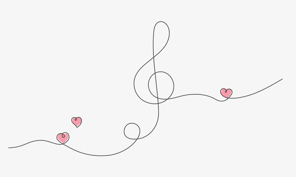 Treble clef with love hearts one line drawning. Love melody, sweet song. Continuous Music note icon. Thin line of treble clef and hearts. Vector illustration