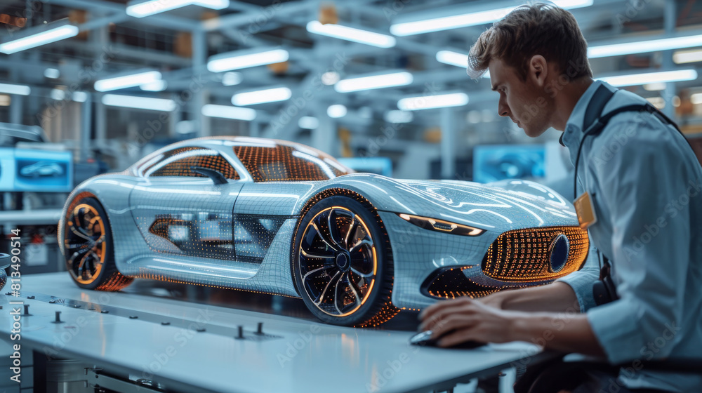 Aufkleber An automotive design studio using machine learning to test car aerodynamics, with engineers working on simulations and 3D models on their computers. Generative AI.