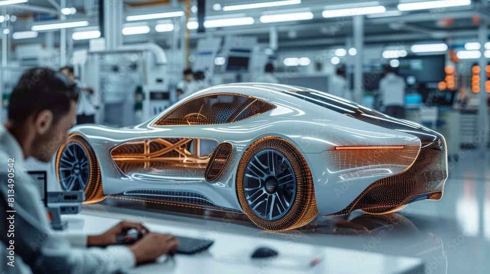 Fototapete An automotive design studio using machine learning to test car aerodynamics, with engineers working on simulations and 3D models on their computers. Generative AI.