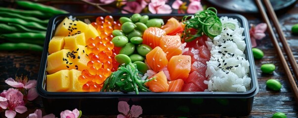 Design an artistic representation of seasonal ingredients used in a Japanese bento, such as cherry blossoms for spring or snow peas for winter