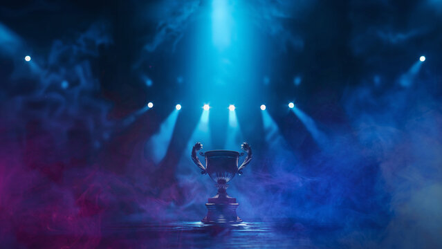 textured classic soccer cup in the center in neon fog. Copy space poster.