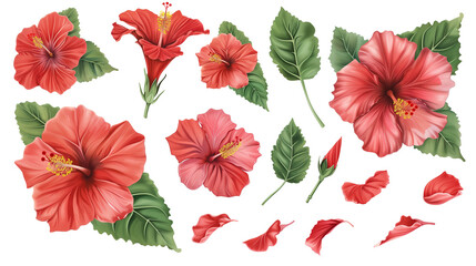Set of hibiscus elements including hibiscus flowers, buds, petals, and leaves