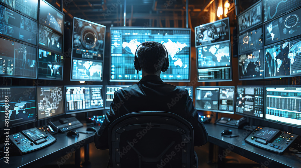 Aufkleber a control room, men in black headquarters with monitors and stuff showing technical information and 