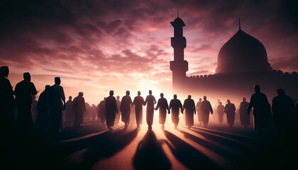 Silhouettes of Muslims heading toward a mosque for Eid al-Adha prayer in the early morning. The symbolizing Islamic traditions.