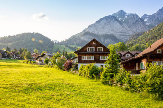 Houses in village near mountain range