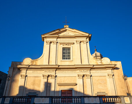 Church of Santo Stefano under clear blue sky in Bracciano at Rome, Lazio, Italy