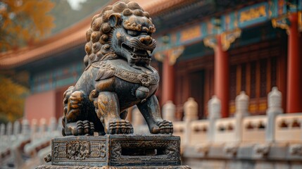Fototapeta premium Traditional Chinese Guardian Lion Statue Overlooking Historic Palace