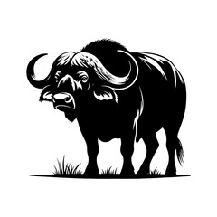 African Buffalo Silhouette- Against the Savanna's Horizon in Stunning Vector Artistry- African Buffalo Illustration- African Buffalo Vector. 
