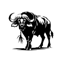 African Buffalo Silhouette- Against the Savanna's Horizon in Stunning Vector Artistry- African Buffalo Illustration- African Buffalo Vector. 