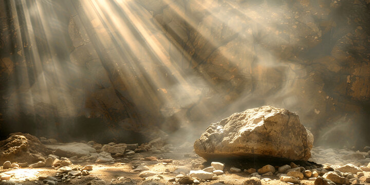 stone in the cave the rays of light on him cave with a light at the bottom Dark cave with bright light from exit inside wild red mountain cavern Concept of nature, sunlight entrance opening and travel