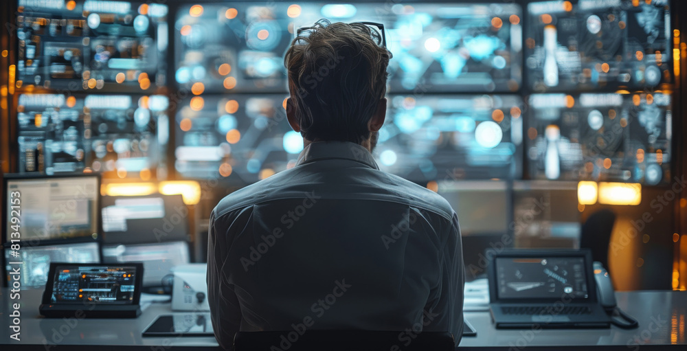 Poster In office, A man working with computers, the computers are working automatically, artificial intelligence, technology scene. Generative AI.