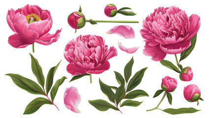 Fototapeta premium Set of peony elements including peony blooms, buds, petals, and leaves