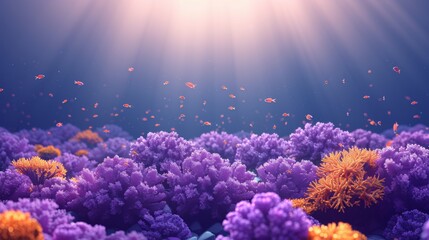 Fototapeta premium Underwater landscape depicting vibrant coral reefs with small fish swimming amidst the sun rays filtering through the water.