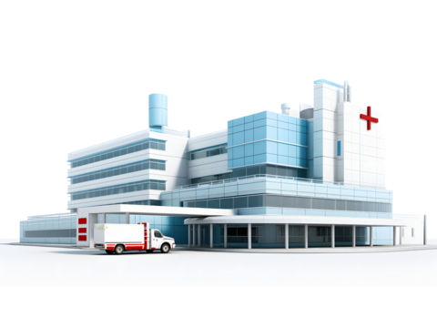front view of a huge hospital building and an ambulance parked in in the hospital boundary PNG