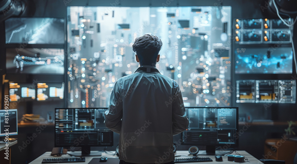 Poster In office, A man working with computers, the computers are working automatically, artificial intelligence, technology scene. Generative AI.
