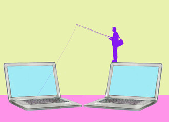 Fisherman standing on oversized laptop and fishing data from computer