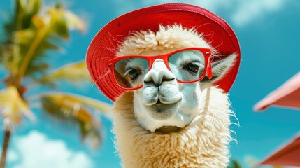 Naklejka premium Llama relaxing in sunglasses and hat on beach vacation enjoyment concept with space for text