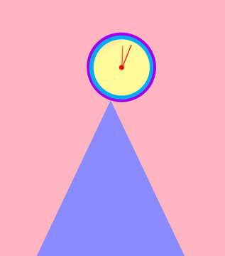 Clock balancing on triangle against pink background