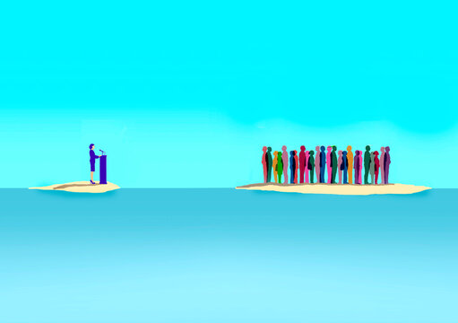 Woman political speaker and group of people standing on separate islands