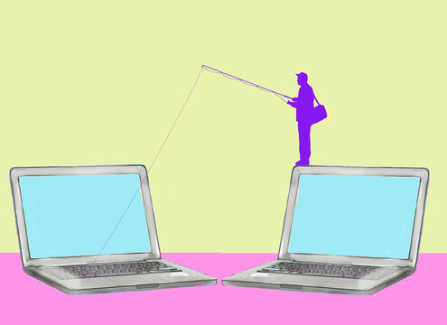 Fisherman standing on oversized laptop and fishing data from computer