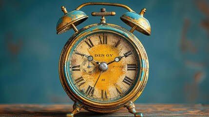Create an image of a vintage alarm clock with a blue background