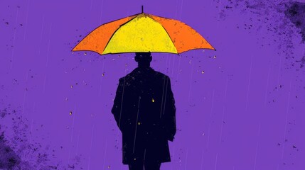 Silhouetted man standing under a colorful umbrella amidst rain, depicted in an illustrative style with a purple background.