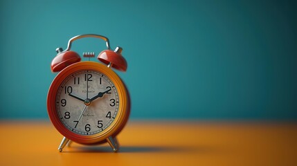 Photo of an alarm clock on a table. The alarm clock is orange and has twin bells on top. The background is blue. The clock is in focus and the background is slightly blurred.