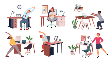 Stretching and exercises in workplace. People sport workout. Office syndrome. Fitness for employees. Freelancers athletic training. Healthy care. Meditation at desk. Garish vector set