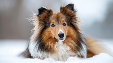 A beautiful Sheltie dog is lying in the snow. The dog has long, brown and white fur and is looking up at the camera.