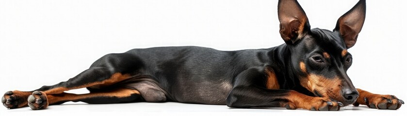 A cute  of Toy Manchester Terrier, black and tan miniature pinscher dog is lying down on a white surface