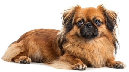 A cute of Pekingese dog is lying on the floor. It has long brown fur and a black nose. It is looking at the camera with its big brown eyes.