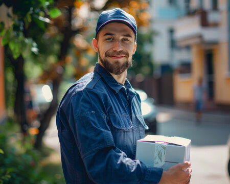 Close up photo of a postal delivery courier delivering a package to the receiver.