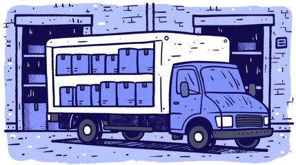 Fototapeta premium Illustration of a delivery truck in front of a warehouse, depicting a logistics and supply chain theme.