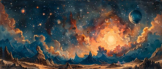 Watercolor illustration art of stars, sky, astronomy, vintage style.