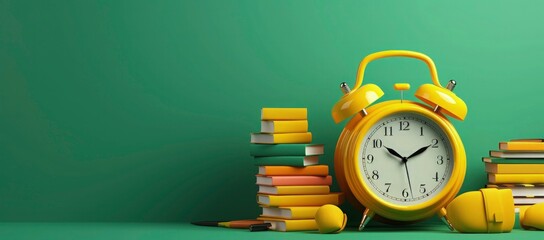 Back to school concept with a yellow backpack, books and an alarm clock on a green background. Copy...