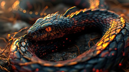 Viper snake with black scales sunbathing illustration reptile for desktop background