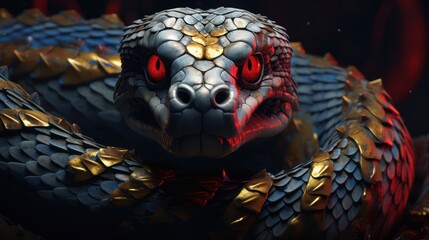 Closeup front view of a blue snake with red eyes and gold-striped scales illustration of a reptile