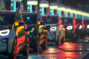 Obraz premium A line of electric cars charging at a public charging station
