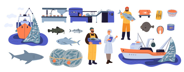 Fishing industry. Fishery elements. Vessel with nets. Processing conveyor for catch conservation. Cartoon fishermen or technologist. Seafood production. Trawler ship. Garish vector set