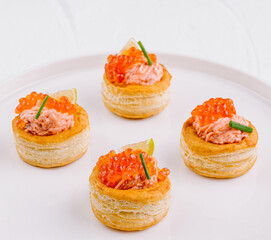 Elegant salmon tartare appetizers on white plate