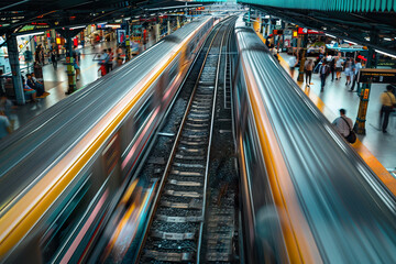 Obraz premium aerial view of the train stations with trains passing fast