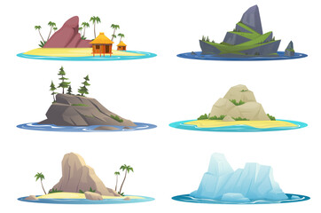 Cartoon southern and northern islands. Cold and warm currents and different types of natural elements. Polar iceberg. Tropical ocean sand beach. Sea coasts. Nature landscapes vector set