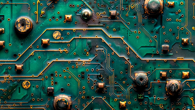 Old Green Circuit Board with Worn Copper Pathways. Vintage Tech, Electronics History, Retro Computing.