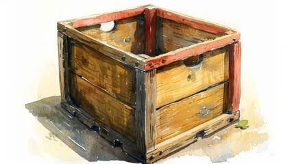 Illustration of an empty wooden box, likely for storage or transportation, depicted in a watercolor style.