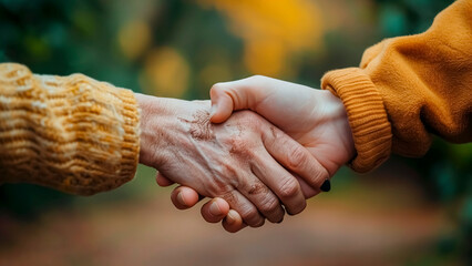 Old and Young Hands Clasped Together. Generational Support, Compassionate Touch, Ageing Gracefully.