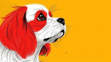 Fototapeta premium Illustration of a Cavalier King Charles Spaniel with a wistful expression, against a vibrant yellow background.