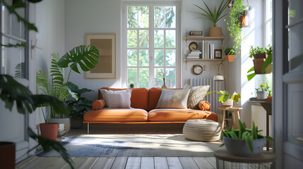Cozy elegant boho style living room interior in natural colors , Comfortable couch with cushions and plaid, many houseplants